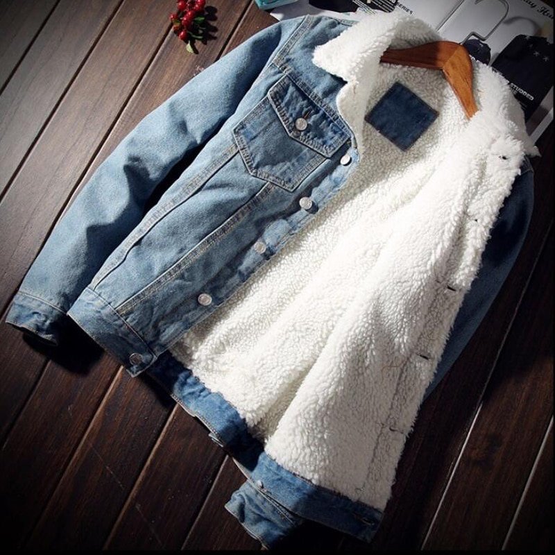 Men's Warm Fleece Denim Jacket with Fur