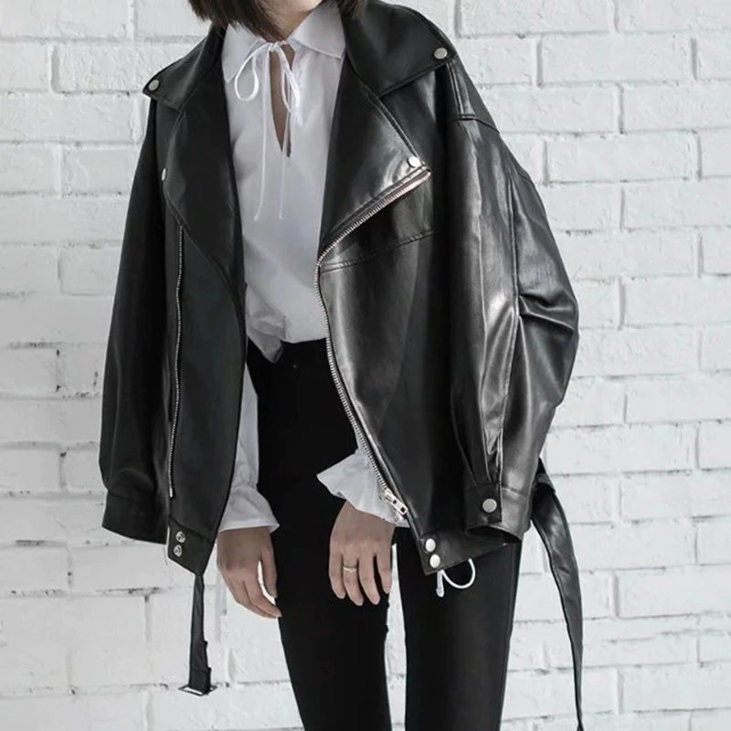 Women's Black PU Leather Loose Jacket Women's Black PU Leather Loose Jacket