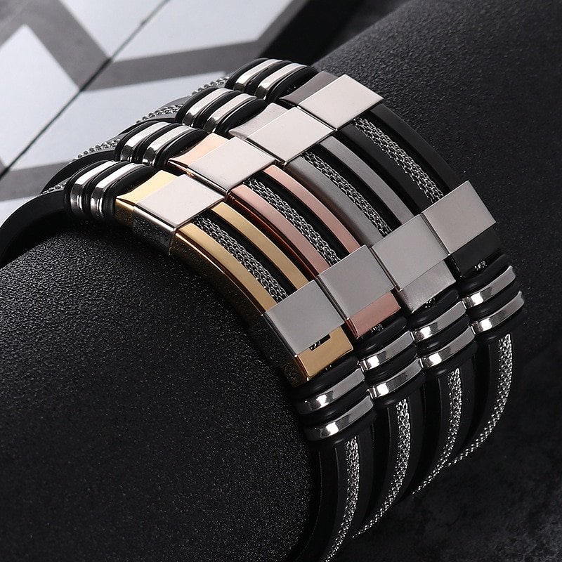 Men's Stainless Steel and Silicone Black Bracelet